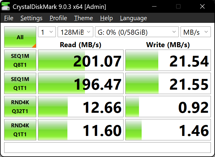 Screenshot: CrystalDiskMark result with USB drive plugged directly into USB 3.0 port, SEQ1M read ~200 MB/s