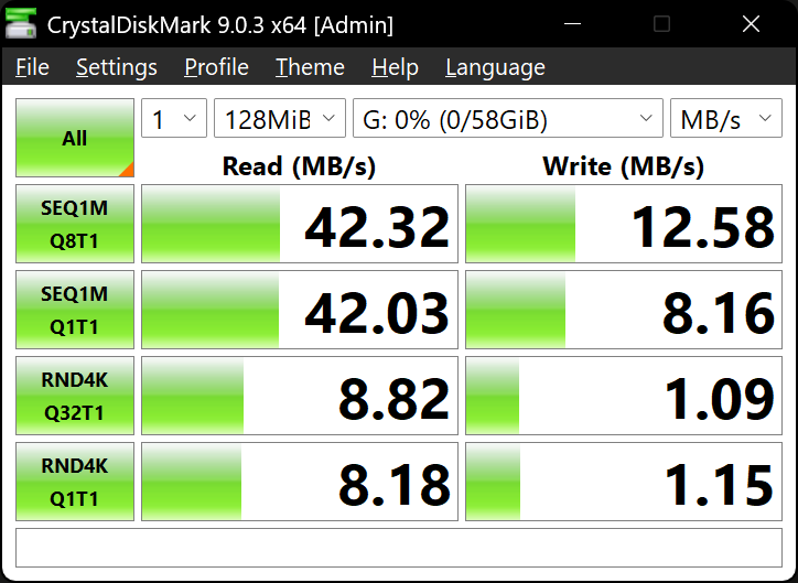 Screenshot: CrystalDiskMark result with USB drive through extension cable and USB 2.0 hub, SEQ1M read ~42 MB/s